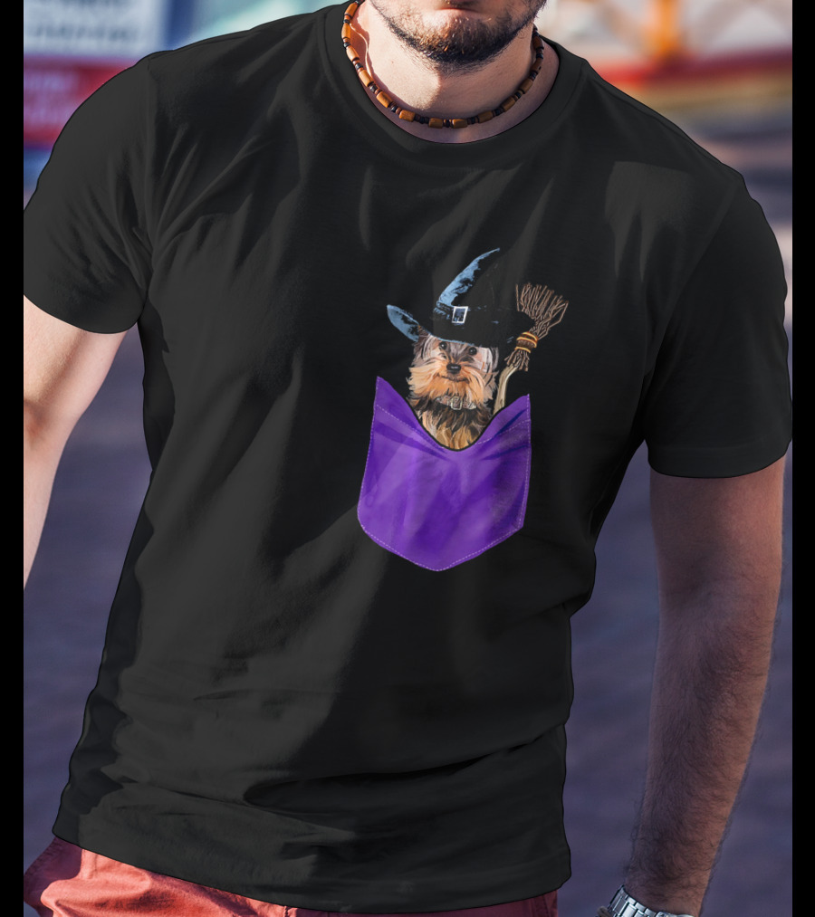 Yorkie Witch In Pocket With Broomstick T-Shirt