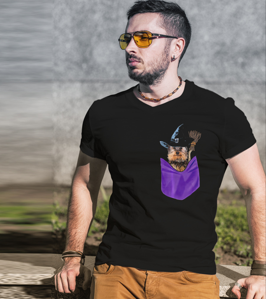 Yorkie Witch In Pocket With Broomstick T-Shirt