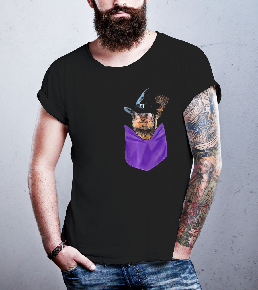 Yorkie Witch In Pocket With Broomstick T-Shirt