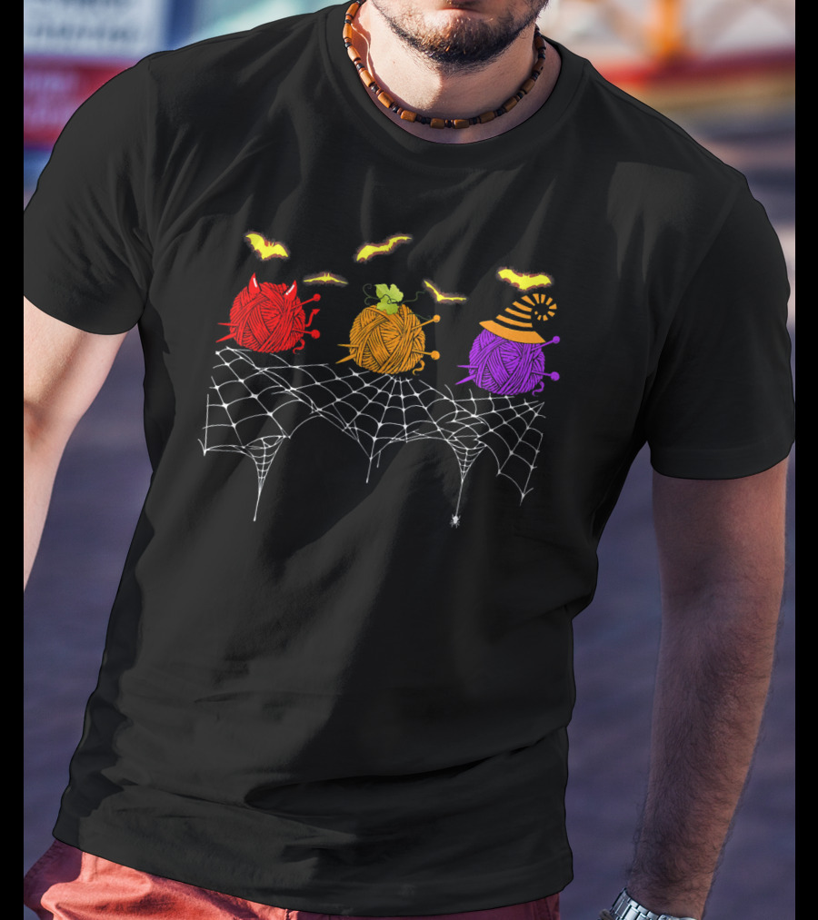 Halloween Knitting Yarn Lovers With Spiderweb And Bats T-Shirt