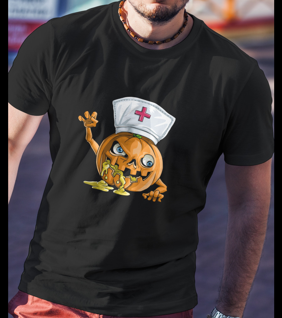 Zombie Pumpkin Nurse Funny Halloween Horror T-Shirt