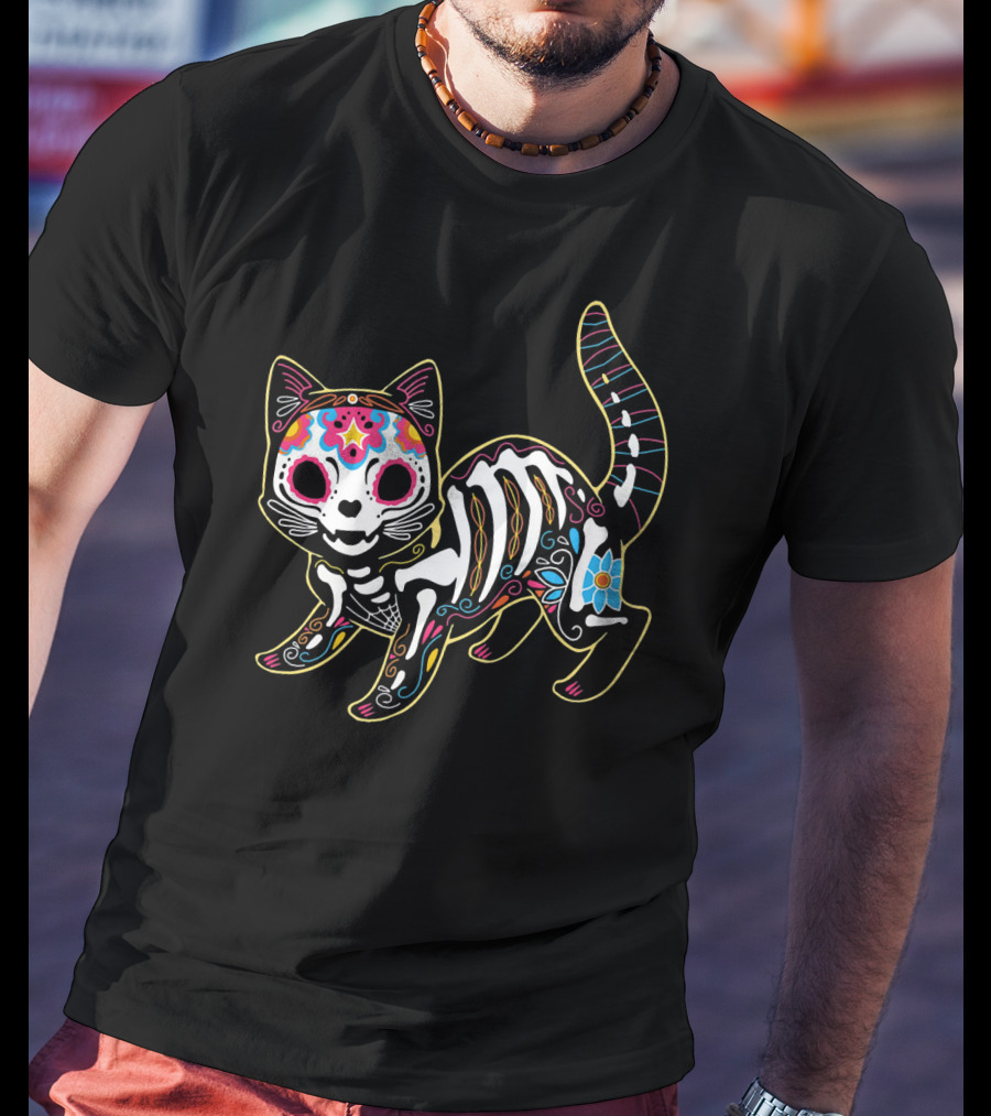 Day Of The Dead Black Cat Sugar Skull Halloween T-Shirt