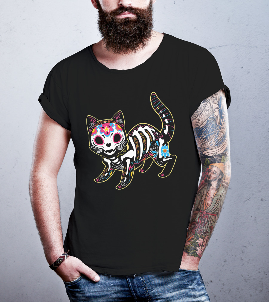 Day Of The Dead Black Cat Sugar Skull Halloween T-Shirt