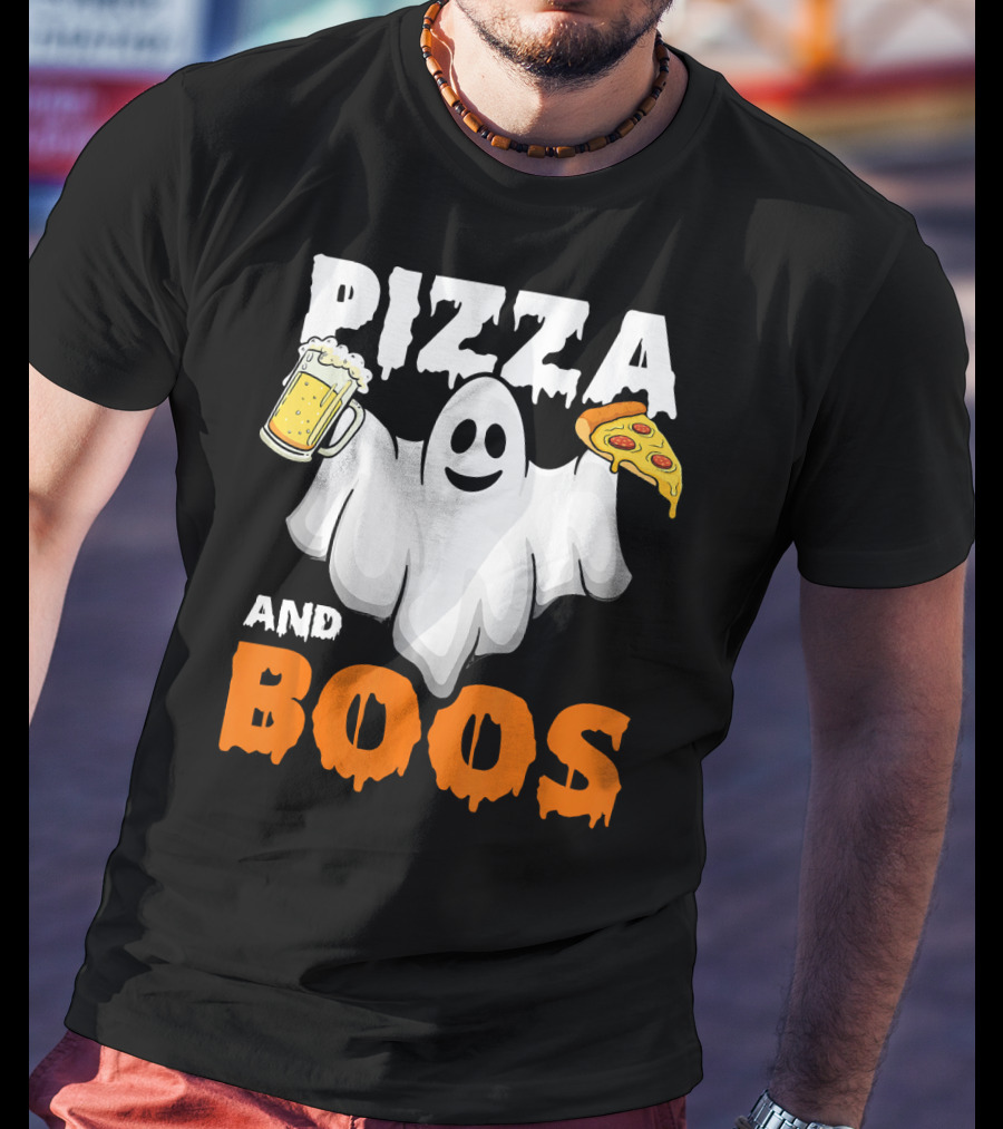 Pizza And Boos Ghost Holding Beer And Pizza Slice Halloween Funny Ghost Drinking Beer T-Shirt