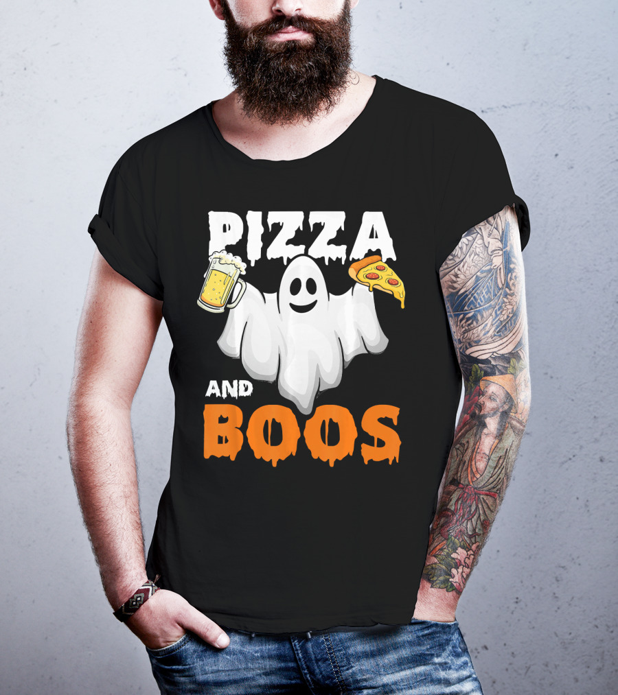 Pizza And Boos Ghost Holding Beer And Pizza Slice Halloween Funny Ghost Drinking Beer T-Shirt