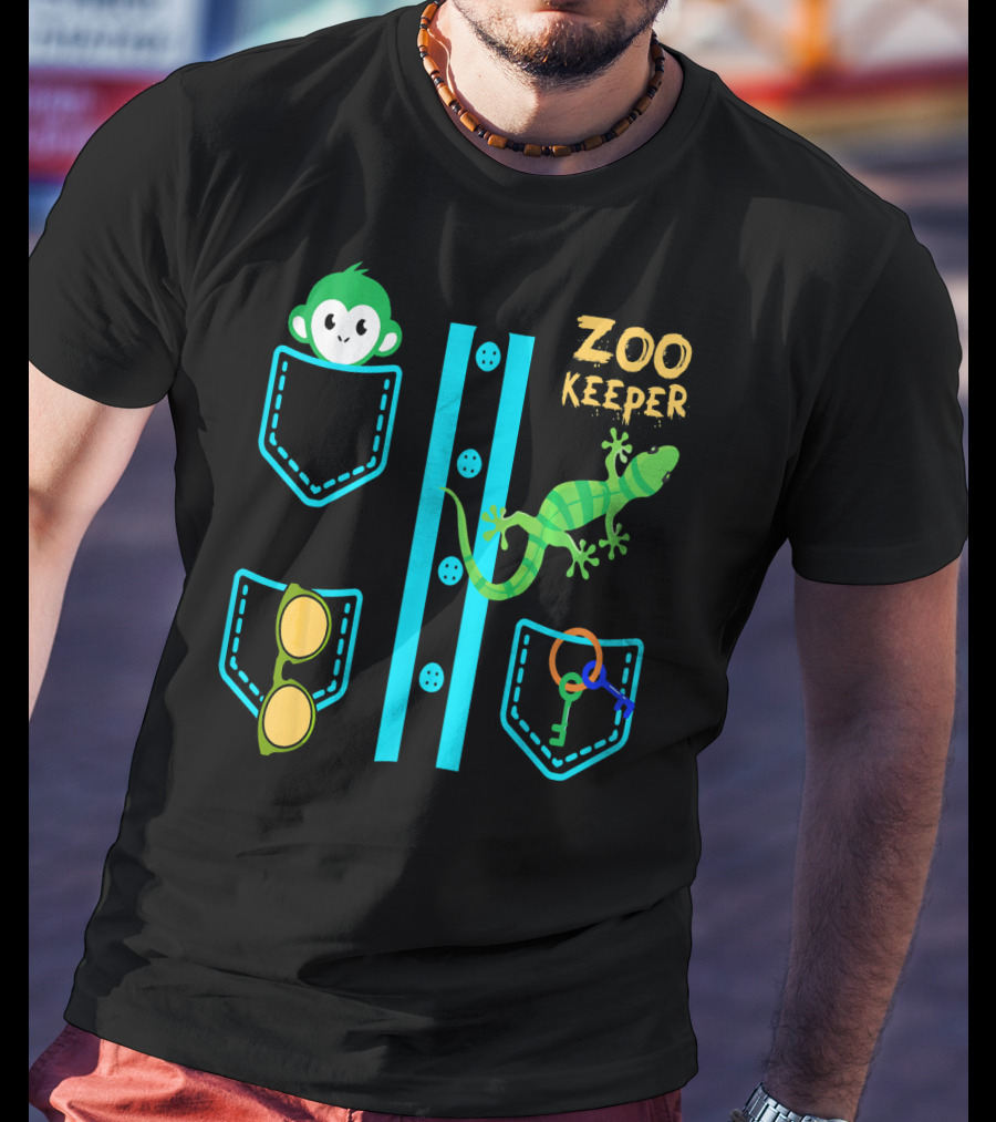 Zoo Keeper Costume Halloween Monkey Lizard Pockets Keys Glasses T-Shirt