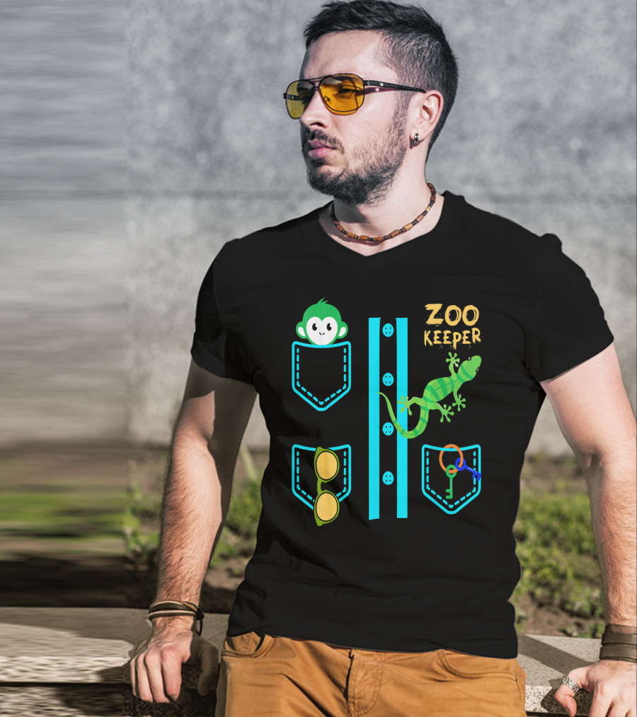 Zoo Keeper Costume Halloween Monkey Lizard Pockets Keys Glasses T-Shirt