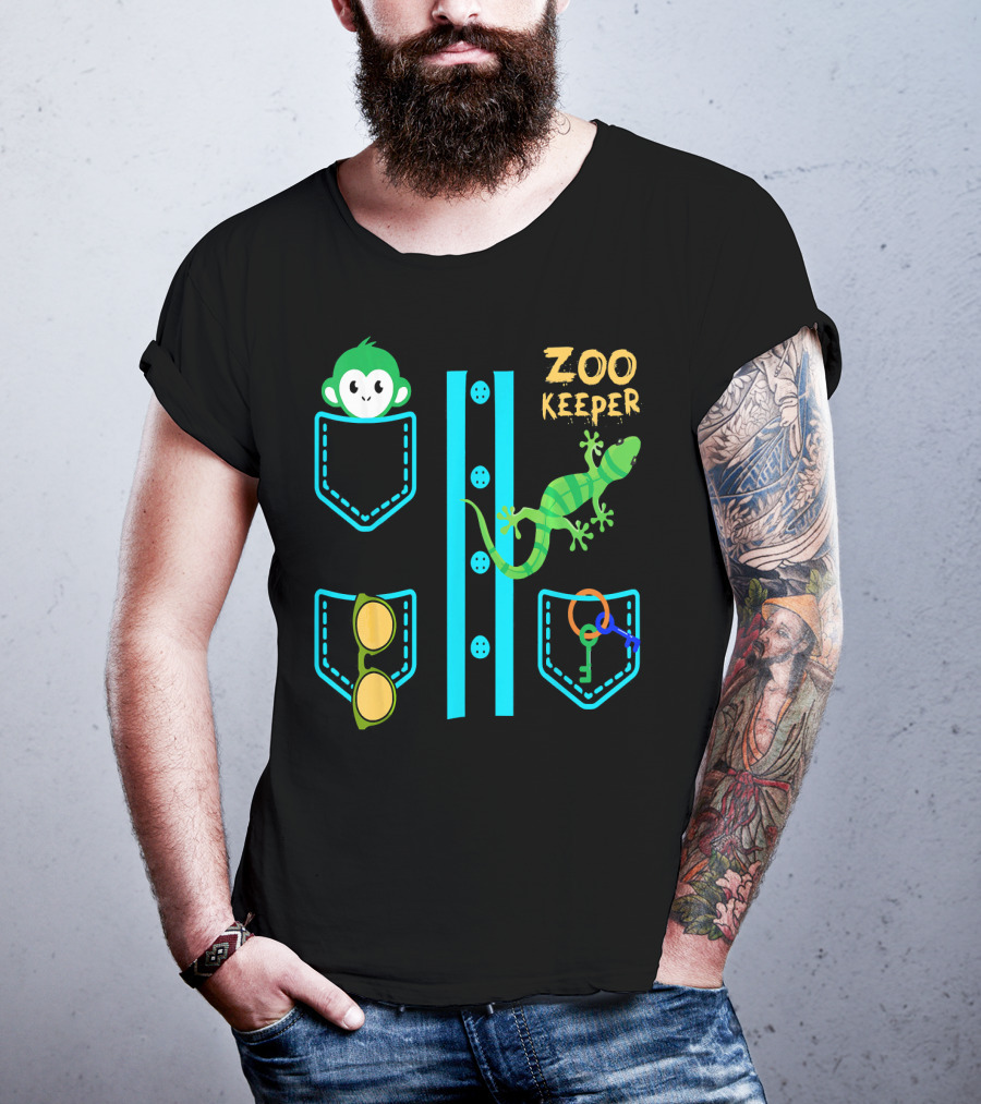 Zoo Keeper Costume Halloween Monkey Lizard Pockets Keys Glasses T-Shirt