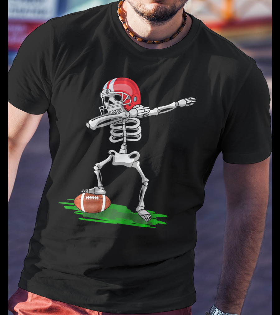 Dabbing Skeleton With Football And Red Helmet For Halloween T-Shirt