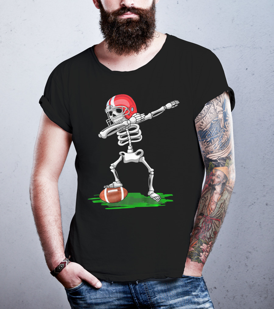 Dabbing Skeleton With Football And Red Helmet For Halloween T-Shirt