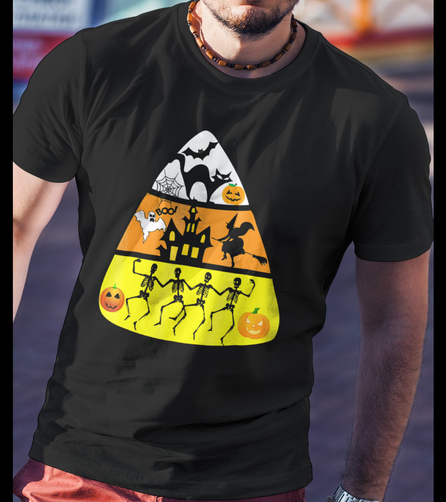 Candy Corn Halloween Scene Witch Skeletons Pumpkins Ghost Bats Haunted House Boo T-Shirt