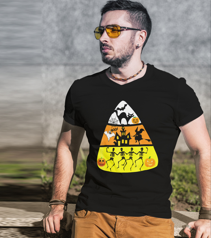 Candy Corn Halloween Scene Witch Skeletons Pumpkins Ghost Bats Haunted House Boo T-Shirt