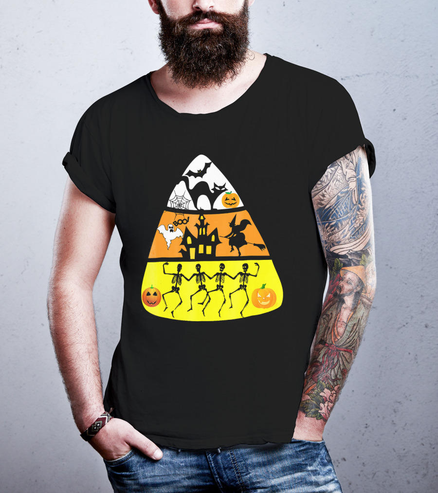 Candy Corn Halloween Scene Witch Skeletons Pumpkins Ghost Bats Haunted House Boo T-Shirt