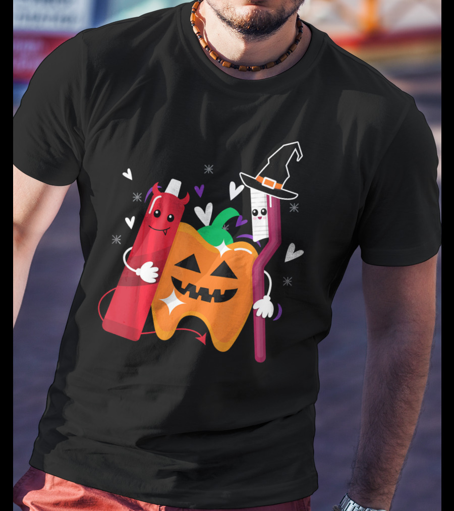 Happy Halloween Costume Toothbrush Tooth With Pumpkin And Toothpaste Characters T-Shirt