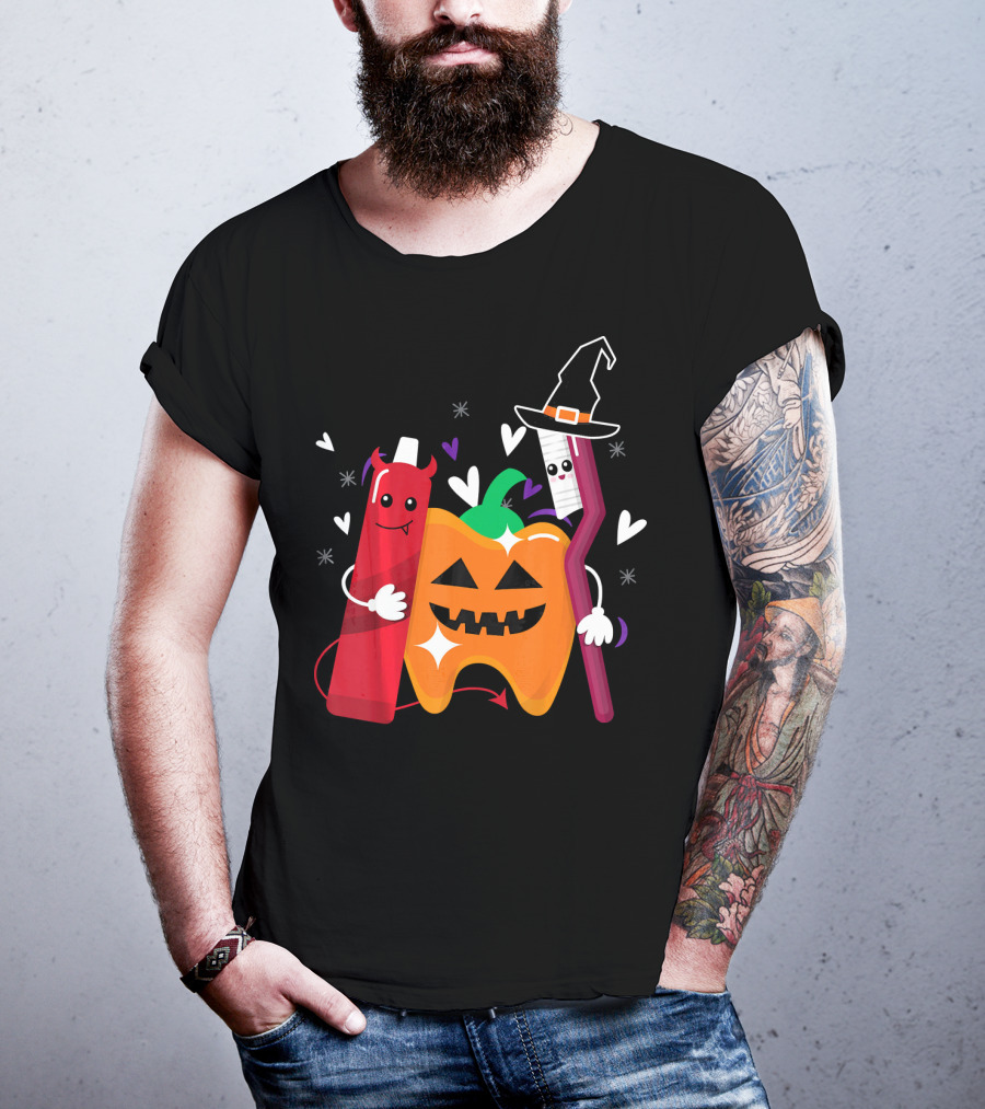 Happy Halloween Costume Toothbrush Tooth With Pumpkin And Toothpaste Characters T-Shirt