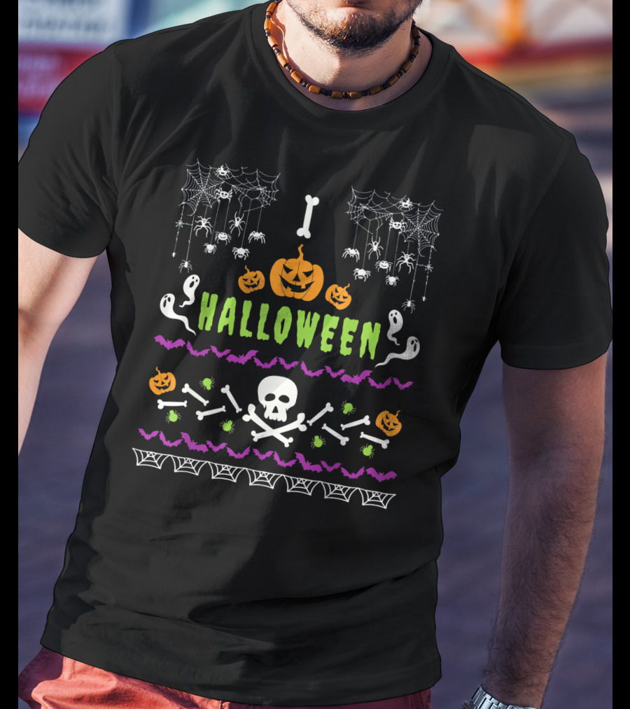 Halloween Lover Ugly Holiday Spooky Pumpkins Ghosts Skulls Bats Spiders Webs T-Shirt