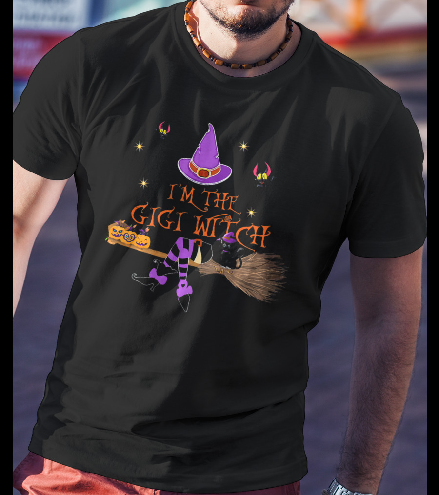 I'm The Gigi Witch Halloween Purple Hat Cat Broomstick Stars T-Shirt