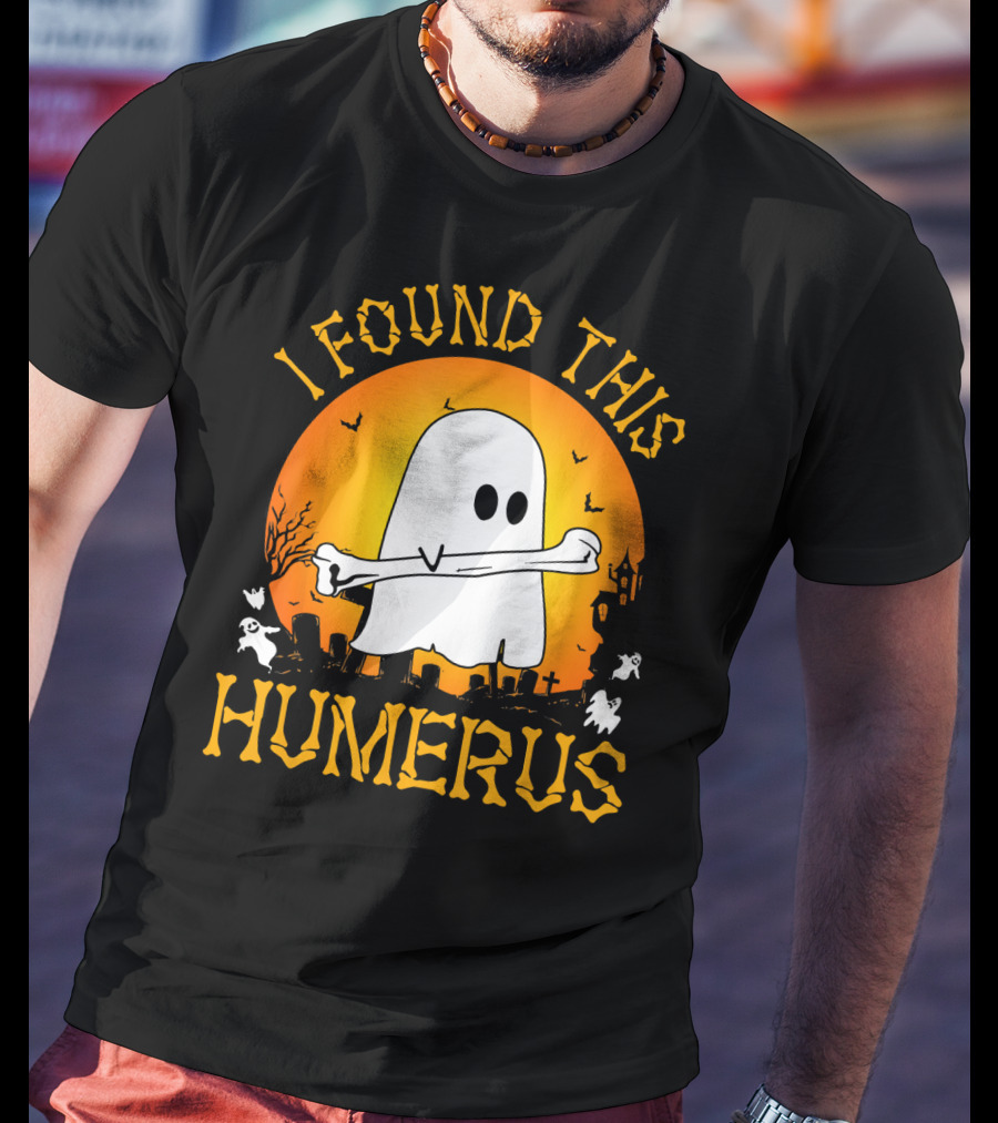 I Found This Humerus Halloween Ghost With Bone Spooky Graveyard Scene T-Shirt