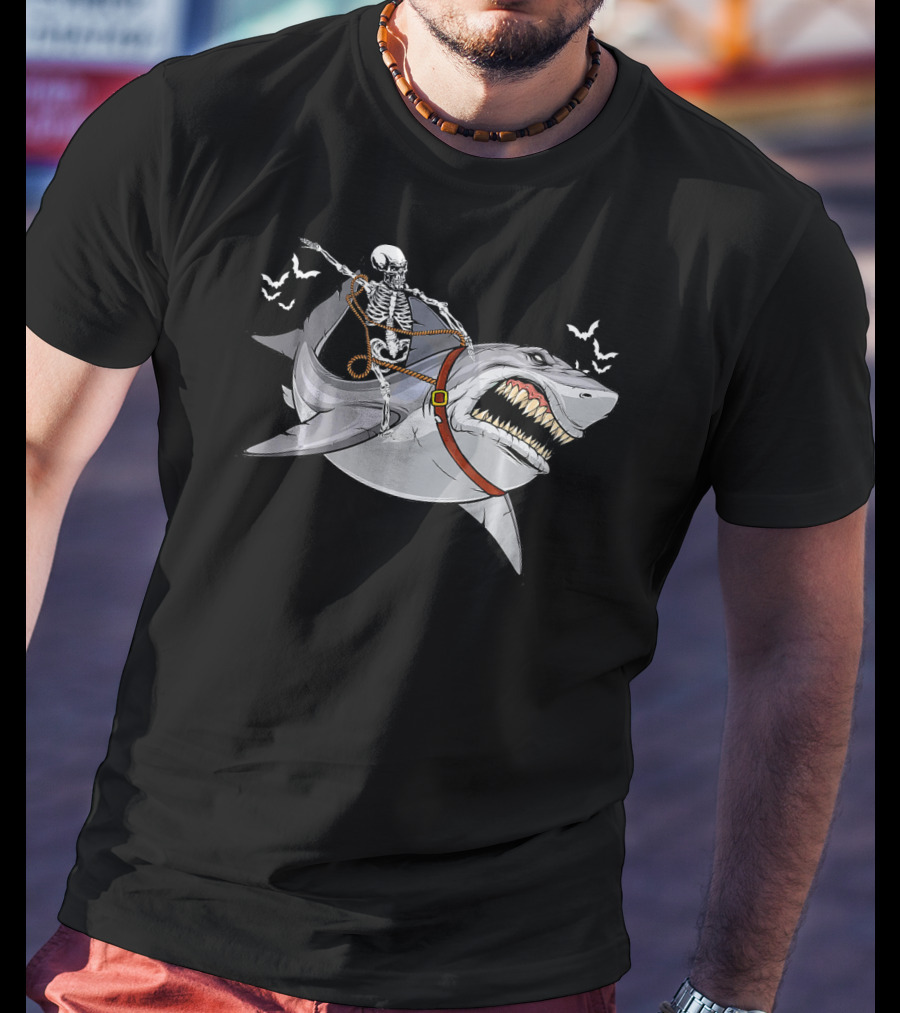 Skeleton Cowboy Riding Giant Shark With Bats T-Shirt