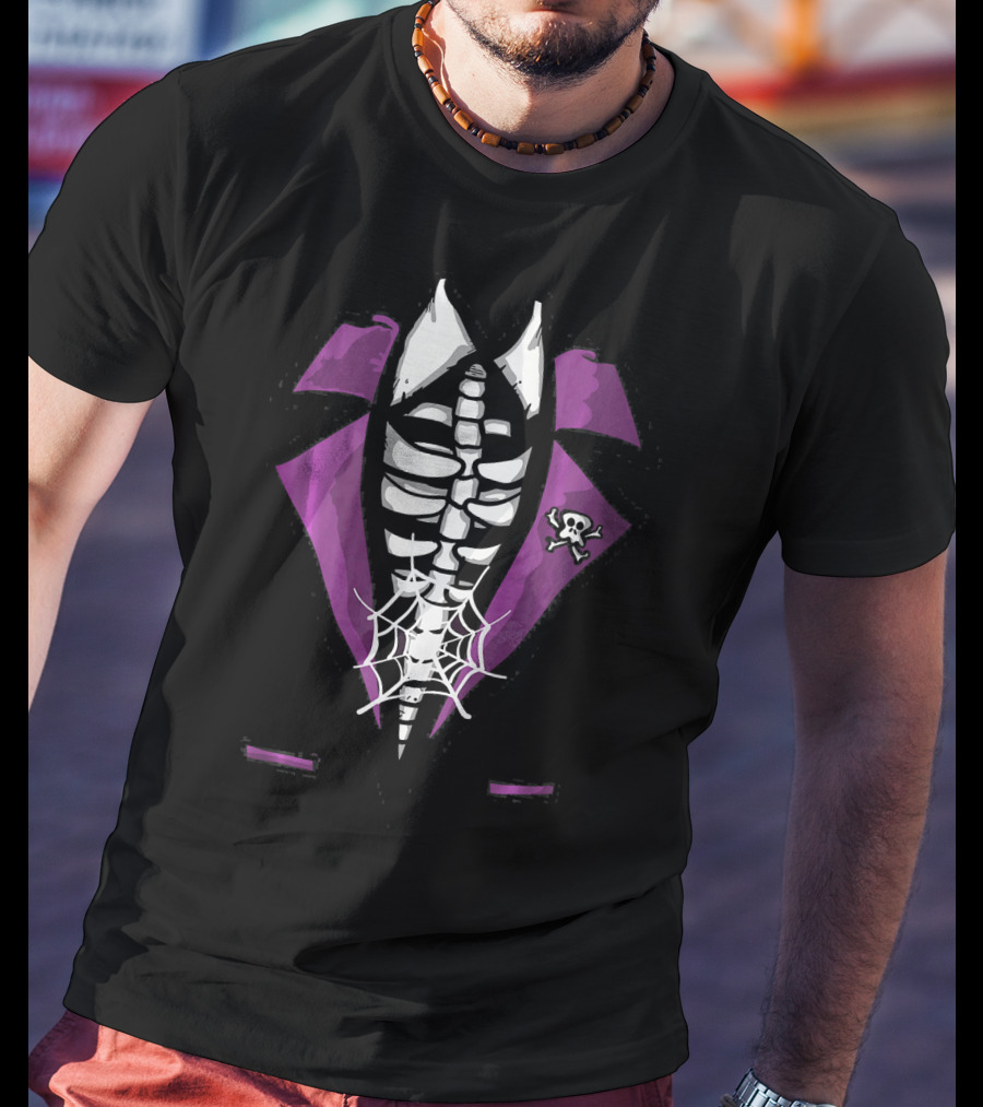 Halloween Skeleton Tuxedo Scary Rib Cage With Spider Web And Skull Brooch T-Shirt