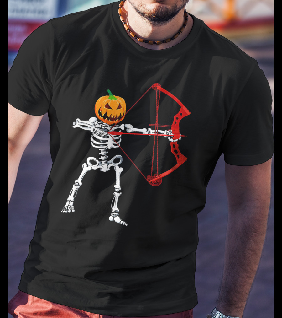 Skeleton Pumpkin Head With Red Bow Archery Halloween T-Shirt
