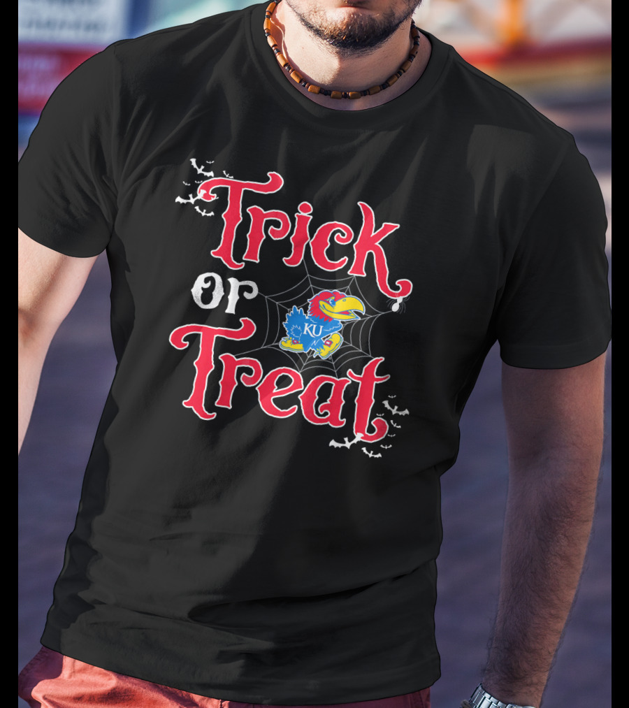 Kansas Jayhawks Trick Or Treat Halloween KU Logo Spiderweb Bats T-Shirt