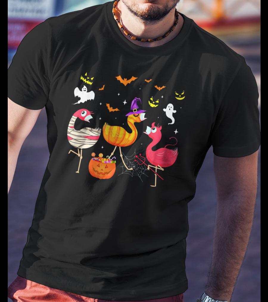 Flamingo Happy Halloween Ghosts And Pumpkins T-Shirt