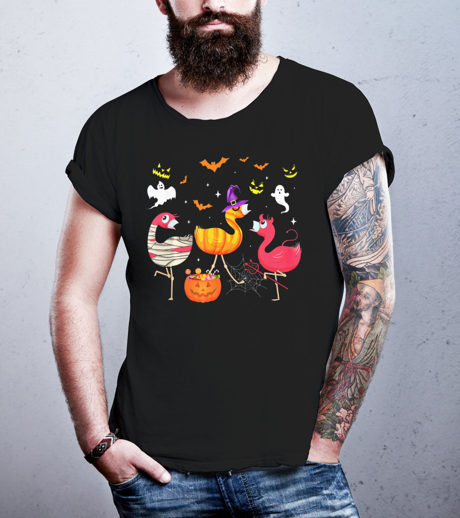 Flamingo Happy Halloween Ghosts And Pumpkins T-Shirt