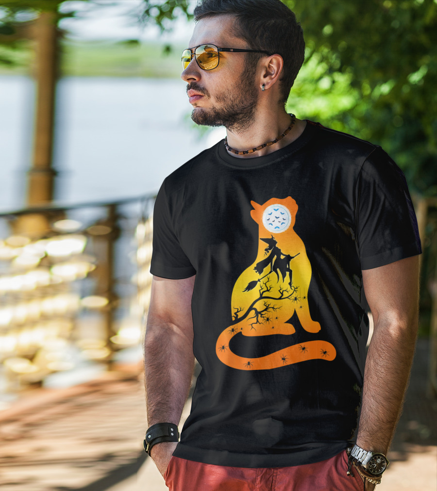 Funny Cat Witch Flying Under Bat Moon With Spooky Webs T-Shirt
