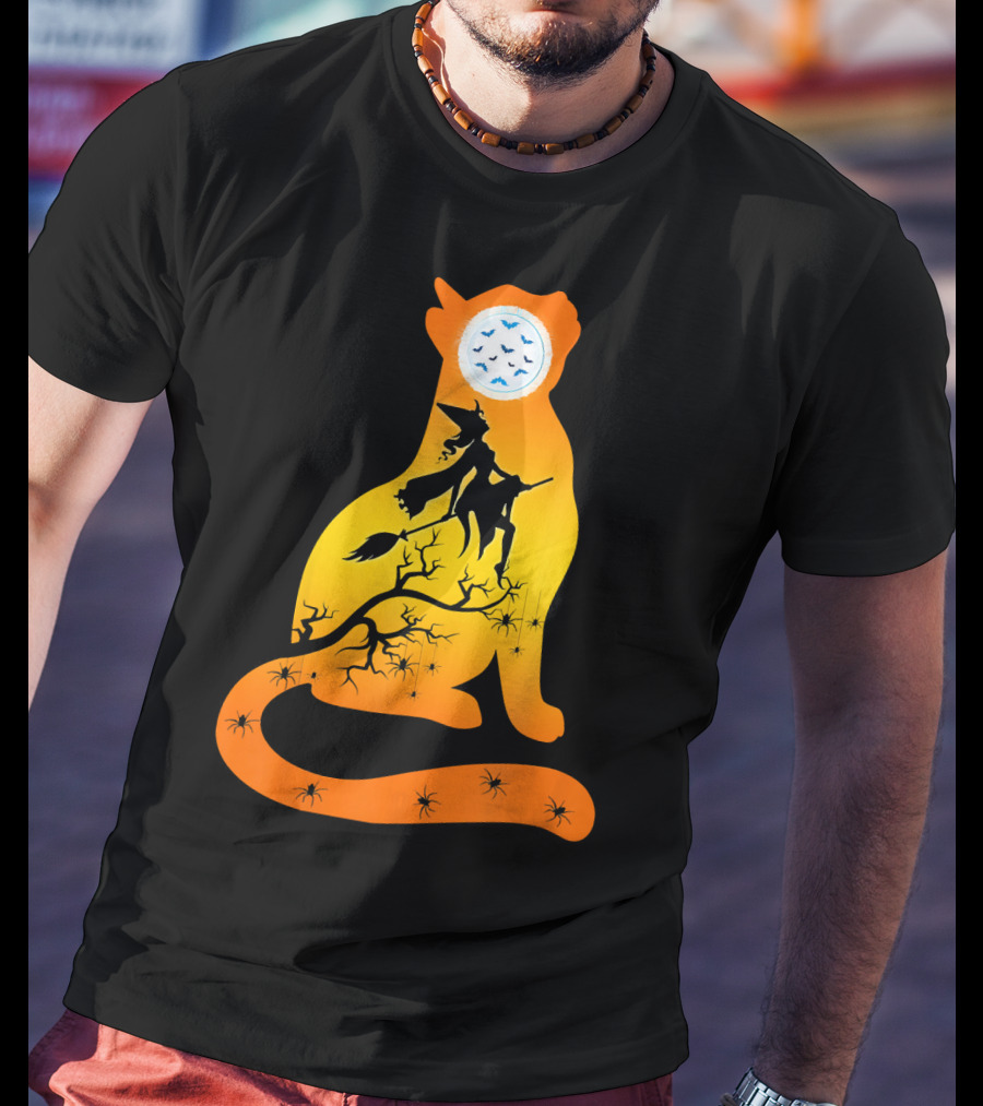 Funny Cat Witch Flying Under Bat Moon With Spooky Webs T-Shirt