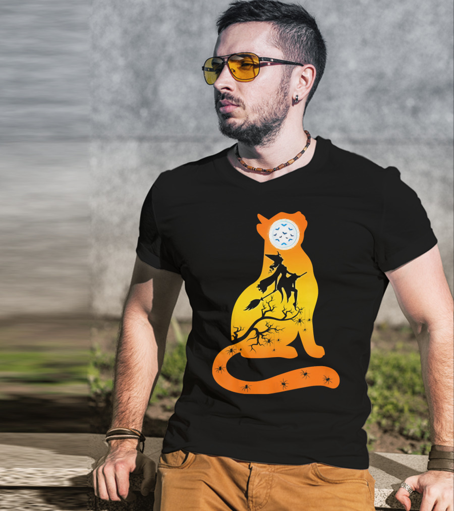 Funny Cat Witch Flying Under Bat Moon With Spooky Webs T-Shirt