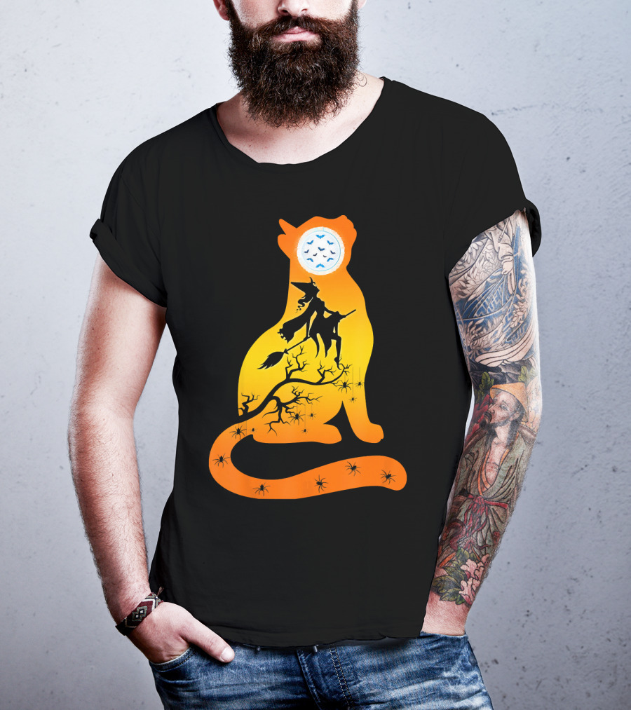 Funny Cat Witch Flying Under Bat Moon With Spooky Webs T-Shirt