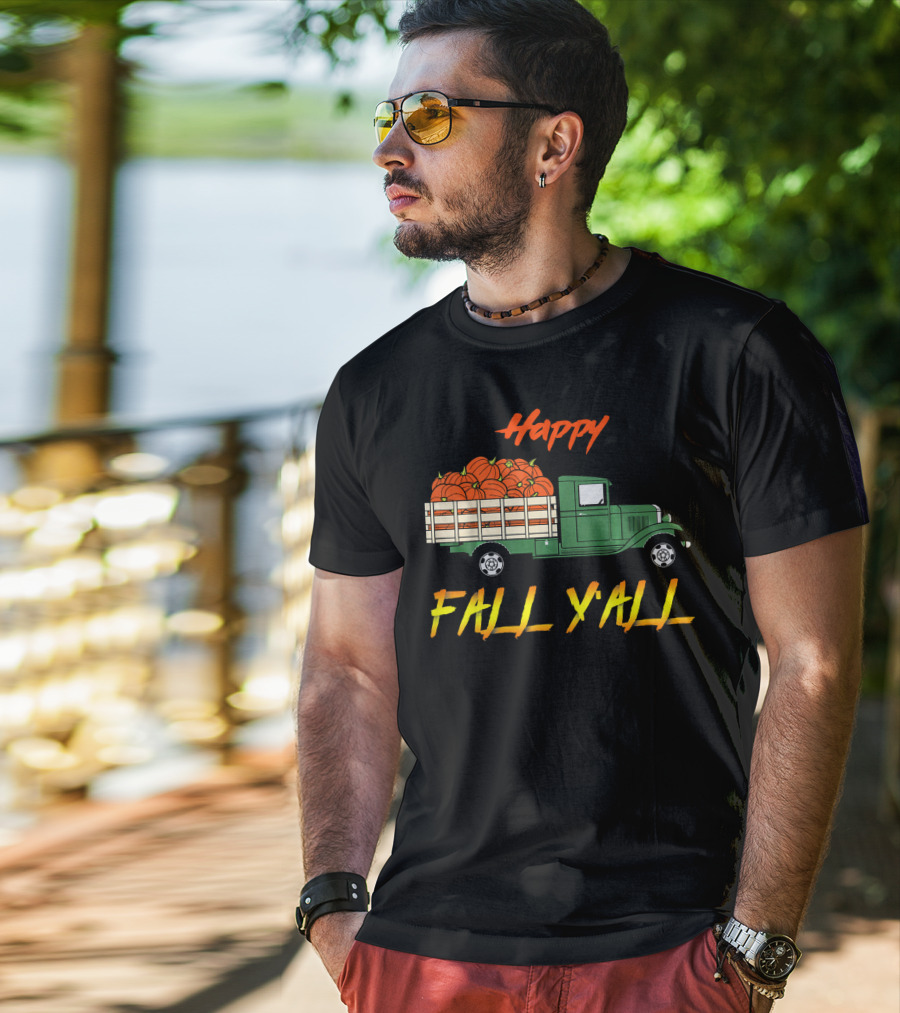 Happy Fall Yall Vintage Pumpkin Truck Classic Green Vehicle With Pumpkins T-Shirt