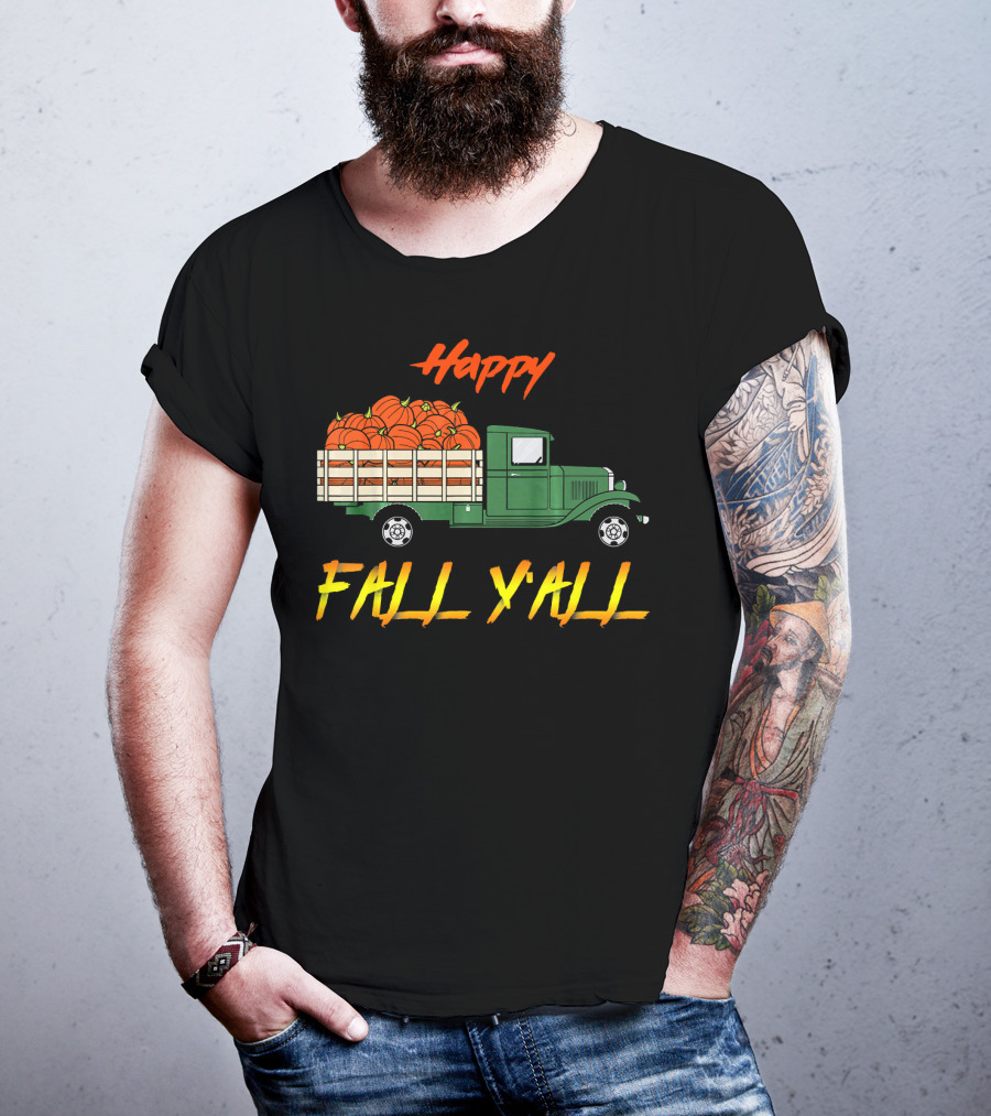 Happy Fall Yall Vintage Pumpkin Truck Classic Green Vehicle With Pumpkins T-Shirt