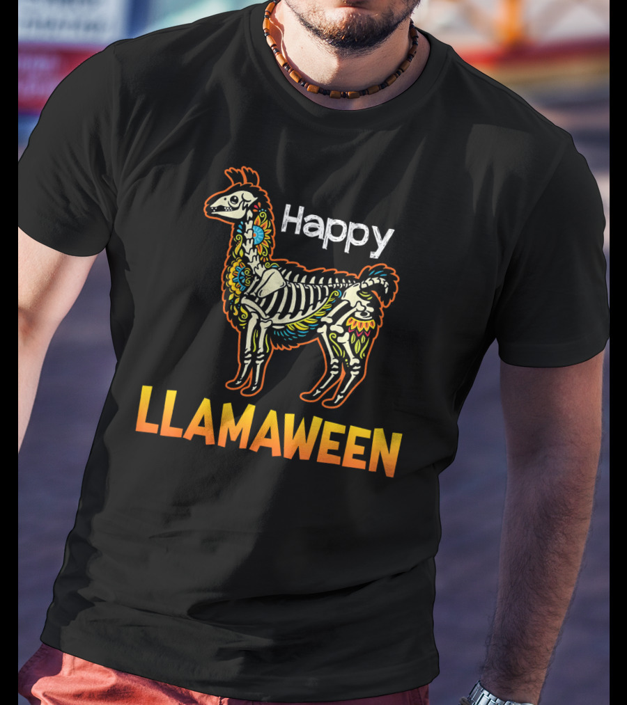 Happy Llamaween Funny Llama Skeleton Halloween T-Shirt