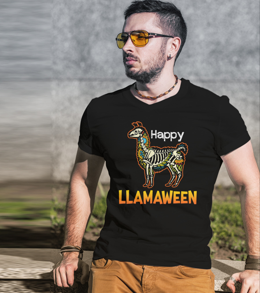 Happy Llamaween Funny Llama Skeleton Halloween T-Shirt