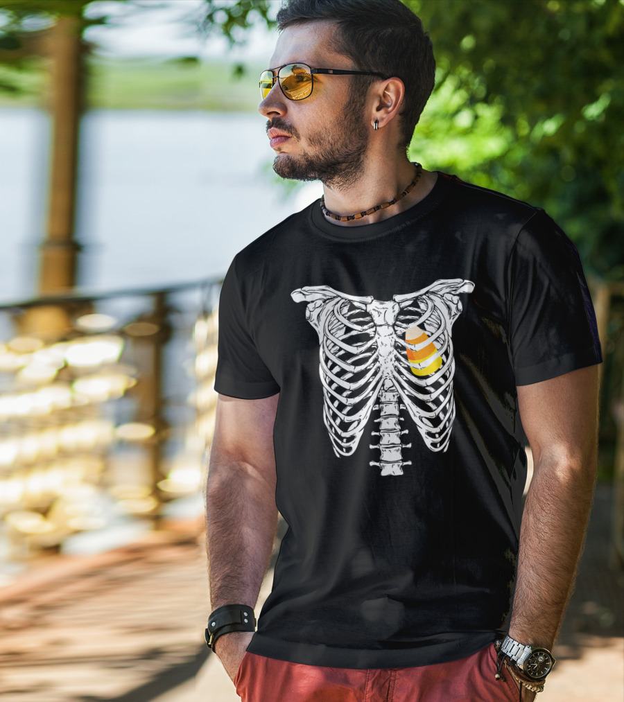 Candy Corn Inside Skeleton Ribs Halloween Humor T-Shirt