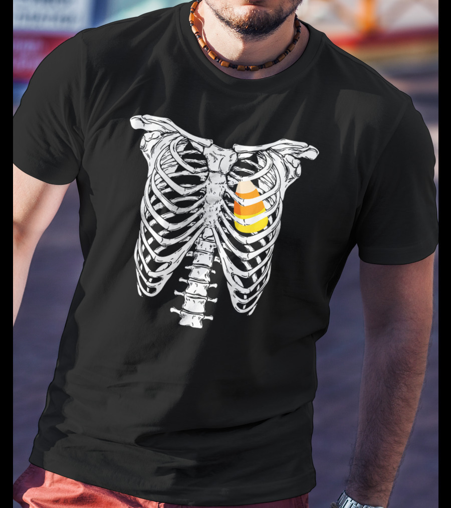 Candy Corn Inside Skeleton Ribs Halloween Humor T-Shirt