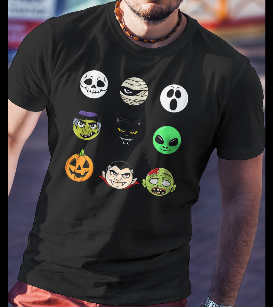 Scary Faces Halloween Emoji Emoji Icons Vampire Mummy Alien Ghost Pumpkin Monster Cat Witch T-Shirt