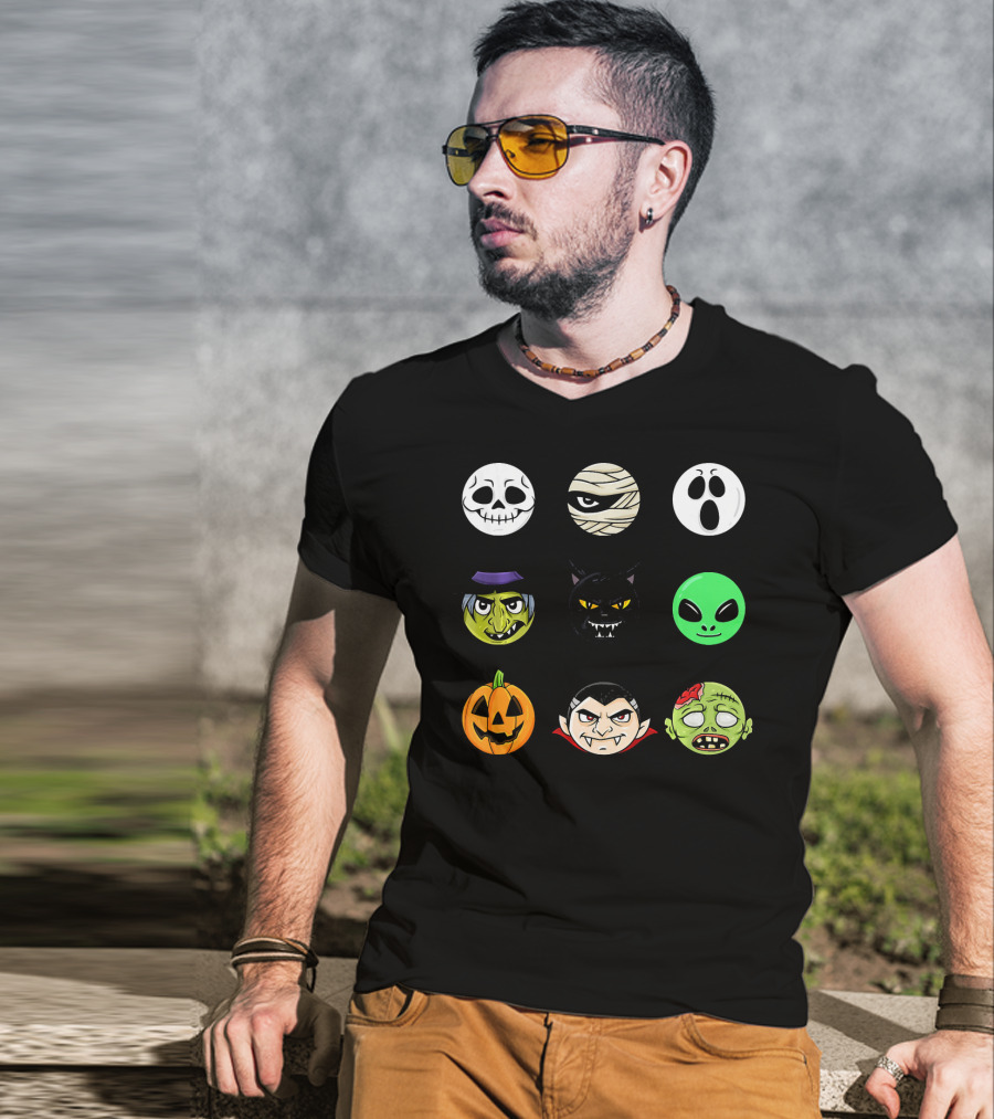 Scary Faces Halloween Emoji Emoji Icons Vampire Mummy Alien Ghost Pumpkin Monster Cat Witch T-Shirt