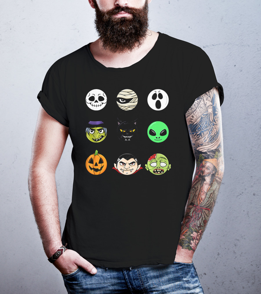 Scary Faces Halloween Emoji Emoji Icons Vampire Mummy Alien Ghost Pumpkin Monster Cat Witch T-Shirt