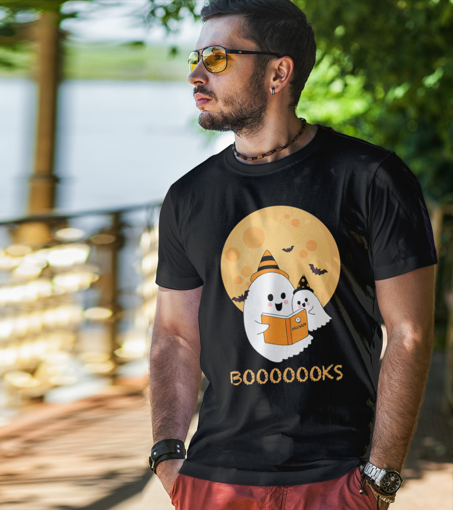 Halloween Ghosts Reading Boooooks Under Full Moon T-Shirt