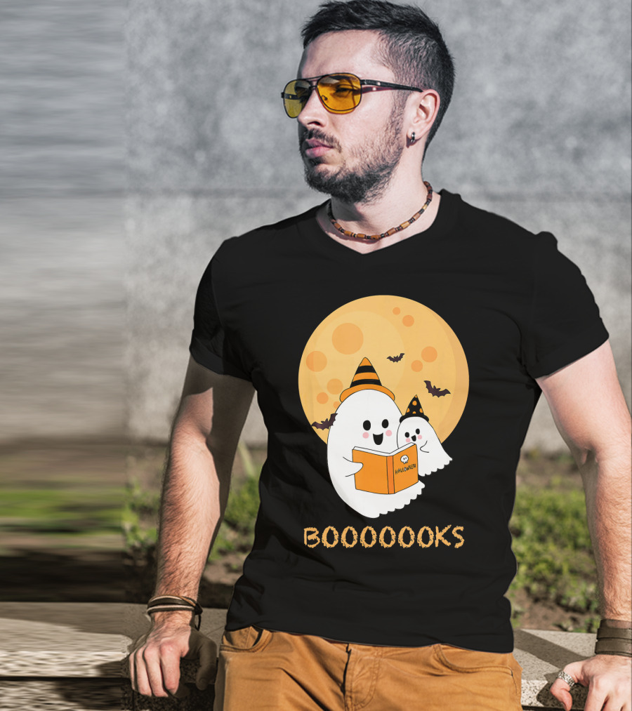 Halloween Ghosts Reading Boooooks Under Full Moon T-Shirt