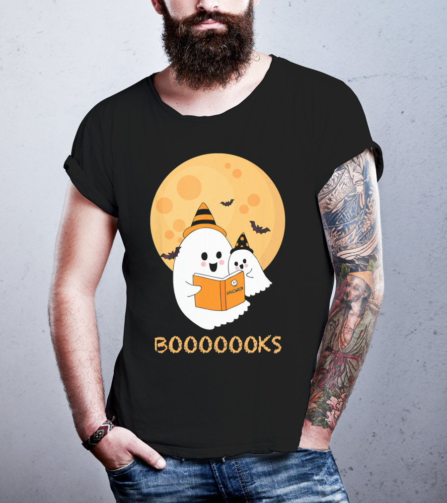 Halloween Ghosts Reading Boooooks Under Full Moon T-Shirt