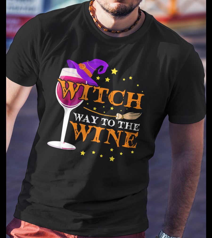 Witch Way To The Wine Halloween Wizard Hat Broomstick Stars T-Shirt