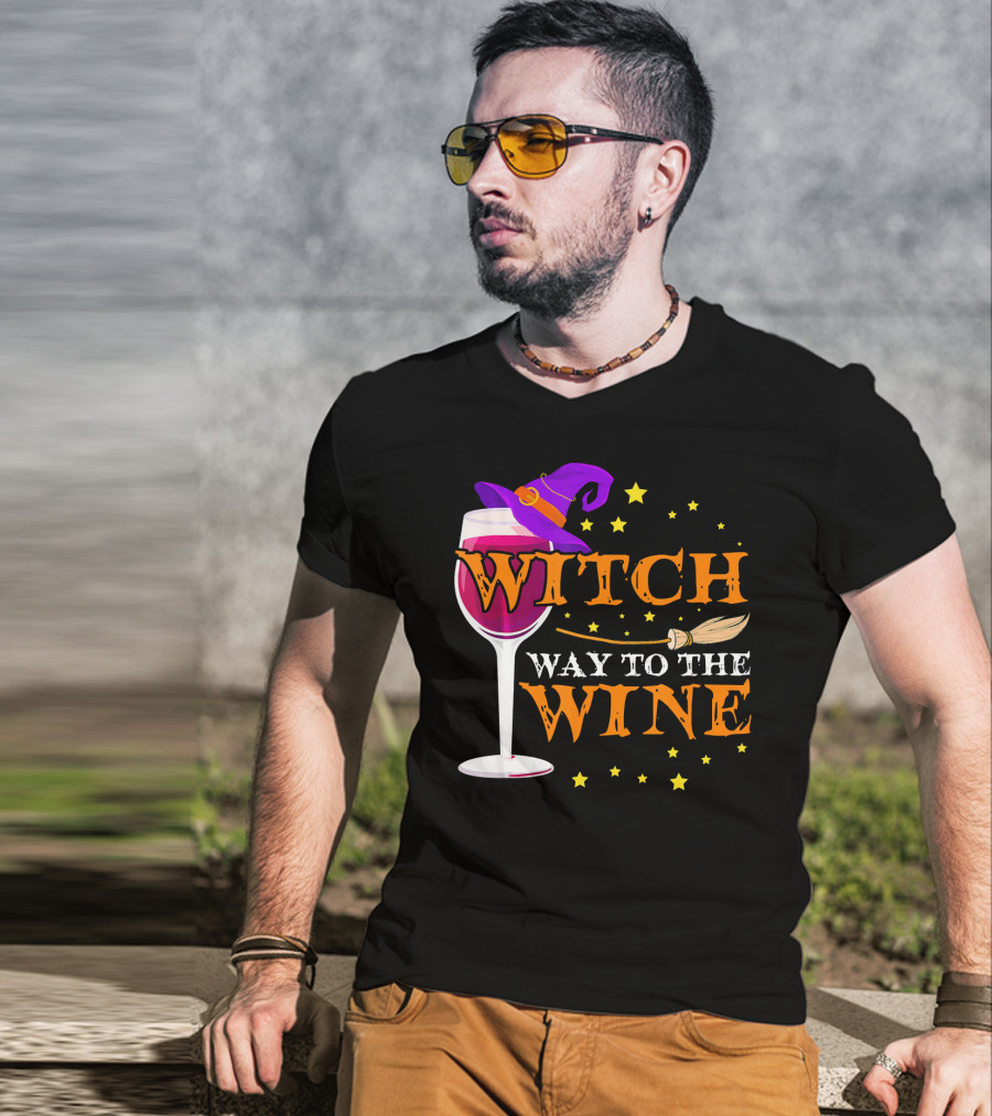 Witch Way To The Wine Halloween Wizard Hat Broomstick Stars T-Shirt