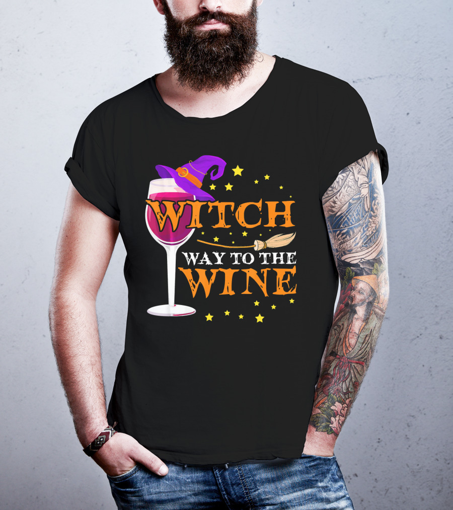 Witch Way To The Wine Halloween Wizard Hat Broomstick Stars T-Shirt