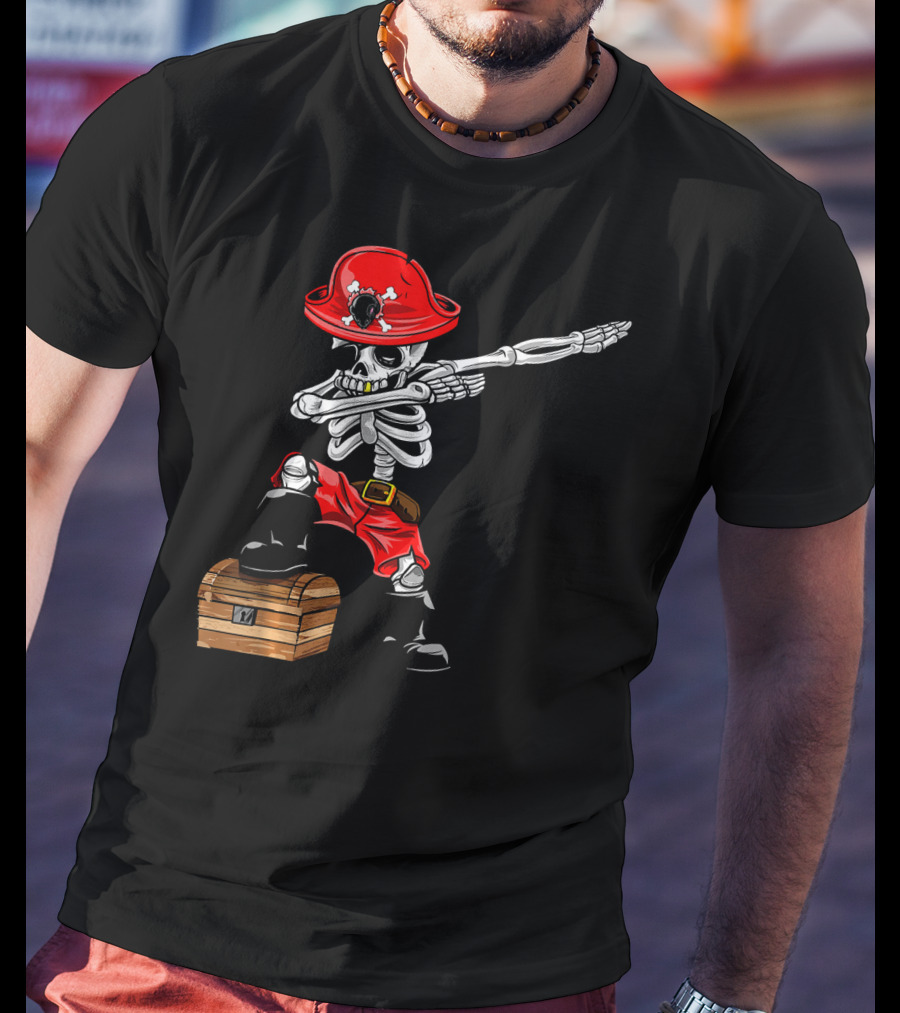 Dabbing Skeleton Pirate With Red Hat And Treasure Chest T-Shirt
