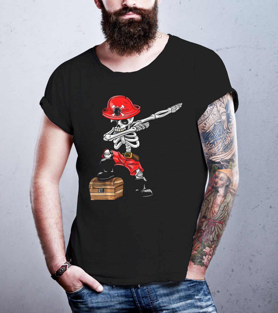 Dabbing Skeleton Pirate With Red Hat And Treasure Chest T-Shirt