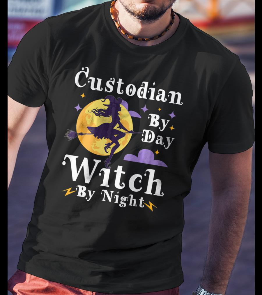 Custodian By Day Witch By Night Flying Broomstick Moon And Stars T-Shirt